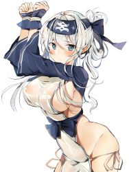 Rule 34 | 10s, 1girl, ainu, ainu clothes, arms up, bad id, bad pixiv id, bdsm, blue eyes, bondage, bound, bound wrists, breasts, folded ponytail, headband, highres, kamoi (kancolle), kantai collection, kurut, large breasts, long hair, looking at viewer, simple background, solo, white hair
