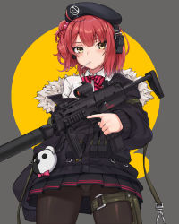 Rule 34 | 1girl, ahoge, beret, black hat, black pantyhose, blush, bow, bowtie, candy, commentary, cowboy shot, emblem, food, fur trim, girls&#039; frontline, gun, h&amp;k mp7, hair bobbles, hair ornament, hat, headphones, heckler &amp; koch, highres, holding, holding gun, holding weapon, ivan wang, jacket, lollipop, long sleeves, looking at viewer, machine pistol, mouth hold, mp7 (girls&#039; frontline), off shoulder, panties, panties under pantyhose, pantyhose, pantyshot, personal defense weapon, pink hair, pleated skirt, shirt, short hair, side ponytail, skirt, sleeves past fingers, sleeves past wrists, solo, standing, striped bow, striped bowtie, striped clothes, striped neckwear, submachine gun, suppressor, thigh strap, trigger discipline, two-tone background, underwear, weapon, white panties, white shirt, wing collar, yellow eyes
