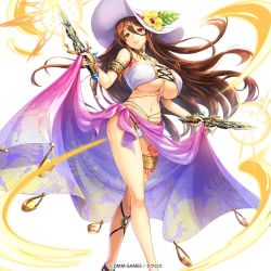 Rule 34 | 1girl, bikini, breasts, brown hair, hat, kamihime project, large breasts, long hair, navel, official art, red eyes, sarong, swimsuit, underboob