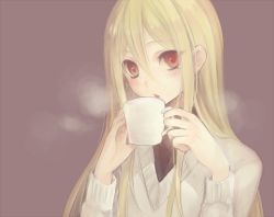 Rule 34 | 1boy, afuro terumi, androgynous, blonde hair, blush, cup, hinaame, inazuma eleven, inazuma eleven (series), long hair, male focus, mug, red eyes, solo, steam, sweater, trap