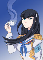 Rule 34 | 1girl, absurdres, black hair, blue background, blue eyes, breasts, closed mouth, commentary request, cup, epaulettes, eyelashes, hand up, high collar, highres, holding, holding cup, junketsu, kamui (kill la kill), kill la kill, kiryuuin satsuki, long hair, long sleeves, looking to the side, sidelocks, smile, solo, teacup, urustam