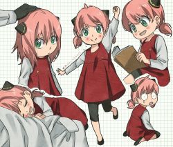 Rule 34 | 1girl, anya (spy x family), arm up, artist name, black footwear, blush, book, child, clenched hand, closed eyes, closed mouth, commentary, dress, english commentary, green eyes, grid background, hair ornament, hairpods, headpat, highres, holding, holding book, long sleeves, looking at viewer, lying, medium hair, multiple views, mysimpleme14, on side, open mouth, pink hair, red dress, short twintails, simple background, sitting, smile, spy x family, tears, twintails, wariza, white background