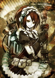 Rule 34 | 1girl, apron, bad id, bad pixiv id, belt pouch, brown hair, gloves, green eyes, headphones, jitome, long hair, maid, maid apron, maid headdress, original, ponytail, pouch, red hair, solo, steampunk, uroko (mnr), vacuum cleaner