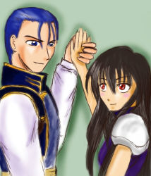 Rule 34 | 1boy, 1girl, antenna hair, ayra (fire emblem), black hair, blue eyes, blue hair, blush, brown hair, dancing, fire emblem, fire emblem: genealogy of the holy war, green background, hetero, holding hands, lex (fire emblem), long hair, nintendo, outstretched arms, red eyes, simple background, sketch, smile, upper body
