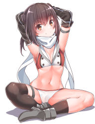 Rule 34 | 1girl, adapted costume, alternate costume, armpits, bikini, black hair, black thighhighs, blush, boots, breasts, brown eyes, cameltoe, closed mouth, hair between eyes, kantai collection, konnyaku (kk-monmon), legs, looking at viewer, medium hair, navel, scarf, sendai (kancolle), sendai kai ni (kancolle), shoes, simple background, sitting, small breasts, smile, socks, solo, swimsuit, thighhighs, thighs, white background, white scarf
