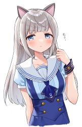 Rule 34 | 1girl, :t, anchor symbol, animal ears, azu (azusayumix), blue eyes, blue shirt, blue skirt, blush, breasts, closed mouth, commentary request, copyright request, frilled sailor collar, frills, grey hair, hand up, high-waist skirt, highres, long hair, looking at viewer, medium breasts, pout, sailor collar, shirt, simple background, skirt, solo, suspender skirt, suspenders, translation request, v-shaped eyebrows, very long hair, virtual youtuber, white background, white sailor collar, wristband