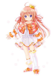 Rule 34 | 1girl, ahoge, aoi kanan, asymmetrical legwear, blush, brown hair, capelet, closed mouth, collarbone, commentary request, crown, dress, hair between eyes, hair ribbon, kneehighs, long hair, long sleeves, looking at viewer, mini crown, original, outstretched arm, petals, pink footwear, purple eyes, red capelet, red ribbon, ribbon, shoes, single kneehigh, single sock, single thighhigh, sleeves past wrists, socks, solo, standing, striped, thighhighs, uneven legwear, very long hair, wavy mouth, white background, white dress, white socks, wide sleeves