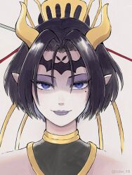Rule 34 | 1girl, artist name, black hair, blue eyes, closed mouth, demon, demon girl, digimon, eyebrows, eyelashes, eyeshadow, facial mark, fallen angel, female focus, forehead mark, hair intakes, highres, horns, lilithmon, lips, lipstick, looking at viewer, makeup, mark of evil, mole, mole under eye, pointy ears, portrait, purple eyeshadow, purple lips, short hair, simple background, smile, solo, wings