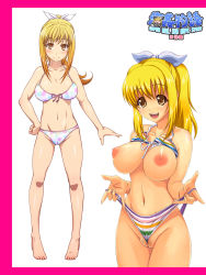 Rule 34 | 00s, 1girl, bare shoulders, barefoot, bikini, blonde hair, blush, breasts, cameltoe, feet, female pubic hair, highres, large breasts, legs, long hair, marin (umi monogatari), navel, nightmare express, nipples, open mouth, ponytail, pubic hair, shimano natsume, simple background, smile, solo, standing, swimsuit, thighs, toes, umi monogatari, yellow eyes
