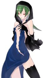 Rule 34 | 1girl, arm warmers, bare shoulders, black cape, black thighhighs, blue dress, breasts, caladrius, cape, center opening, choker, cleavage, dress, eleanor riegl, green hair, hands on breasts, hood, official art, red eyes, simple background, small breasts, solo, thighhighs, thighs, torn cape, torn clothes, torn dress, yasuda suzuhito