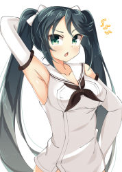 Rule 34 | 10s, 1girl, arm behind head, armpits, bad id, bad pixiv id, black hair, chestnut mouth, collarbone, detached sleeves, furrowed brow, green eyes, hair ribbon, hand on own hip, isuzu (kancolle), kankitsunabe (citrus), kantai collection, long hair, neckerchief, ribbon, sailor collar, solo, twintails, upper body, very long hair, white background