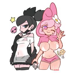 Rule 34 | 2girls, absurdres, animal ears, animal hood, artist name, black bra, black choker, black eyes, black hair, black hoodie, black skirt, black thighhighs, bra, breasts, choker, covered navel, earrings, flower, hair flower, hair ornament, heart, highres, holding another&#039;s wrist, hood, hoodie, jewelry, kuromi, large breasts, mask, mask pull, medium breasts, miniskirt, minuspal, mouth mask, multiple girls, my melody, navel, off shoulder, one eye closed, onegai my melody, parted lips, personification, pink eyes, pink hair, pink hood, pink shorts, rabbit ears, rabbit hood, sanrio, see-through, short shorts, shorts, skirt, skull print, smile, star (symbol), stomach, string bra, stud earrings, thighhighs, twintails, underwear, waving, white bra, zettai ryouiki