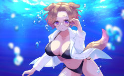 Rule 34 | 1girl, :t, air bubble, animal ears, bikini, black-framed eyewear, black bikini, blurry, blurry background, blush, breasts, brown hair, bubble, character name, cleavage, closed mouth, collarbone, collared shirt, day, depth of field, dog ears, dog girl, dog tail, dress shirt, glasses, gucchiann, hair ornament, hairclip, hand up, highres, indie virtual youtuber, long sleeves, looking at viewer, medium breasts, navel, open clothes, open shirt, outdoors, parted bangs, pout, purple eyes, shirt, short hair, side-tie bikini bottom, solo, swimsuit, tail, underwater, virtual youtuber, water, white shirt