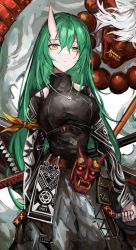 Rule 34 | 1girl, absurdres, arknights, arm scarf, beads, breasts, closed mouth, colored skin, fangs, green hair, hair between eyes, highres, holding, holding shield, horns, hoshiguma (arknights), hoshiguma (ronin huntress) (arknights), jewelry, lch, long hair, long sleeves, mask, medium breasts, necklace, official alternate costume, oni, oni mask, pants, red skin, sheath, sheathed, shield, single horn, skin-covered horns, sword, teeth, weapon, white hair, yellow eyes