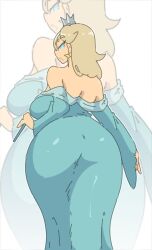 Rule 34 | 1girl, amy (leedraw), ass, ass focus, blonde hair, blue dress, blue eyes, breasts, dress, from behind, holding, holding wand, huge ass, large breasts, long hair, looking at viewer, looking back, mario (series), nintendo, off shoulder, parted lips, rosalina, solo, sparkle earrings, wand, white background, zoom layer