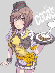 Rule 34 | 10s, 1girl, :o, alternate costume, apron, ascot, black ascot, black hat, black skirt, bow, brown eyes, brown hair, coco&#039;s, commentary request, copyright name, cowboy shot, food, frilled apron, frills, garrison cap, girls und panzer, grey background, hat, holding, holding food, kuromorimine military uniform, looking at viewer, military hat, miniskirt, name tag, nishizumi maho, open mouth, pencil skirt, plate, puffy short sleeves, puffy sleeves, shirt, short hair, short sleeves, simple background, skirt, solo, standing, star (symbol), steam, waist apron, waitress, white apron, wrist cuffs, yamashita shun&#039;ya, yellow bow, yellow shirt
