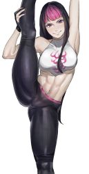 Rule 34 | 1girl, abs, arm up, armpits, black gloves, black hair, black pants, blunt bangs, breasts, bridal gauntlets, capcom, casual, chinese clothes, commentary, dudou, english commentary, eyelashes, fingernails, flexible, gloves, hair down, han juri, hanny (uirusu chan), highres, long hair, looking at viewer, making-of available, medium breasts, midriff, multicolored hair, nail polish, navel, official alternate costume, pants, pink eyes, pink hair, red nails, sleeveless, smile, solo, split, standing, standing on one leg, standing split, street fighter, street fighter v, thick thighs, thighs, tight clothes, tight pants, two-tone hair, white background