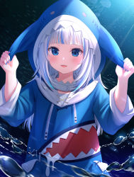 Rule 34 | 1girl, :d, absurdres, animal hood, blue eyes, blue hair, blue hoodie, blue nails, blunt bangs, blush, commentary, gawr gura, gawr gura (1st costume), hands up, highres, hololive, hololive english, hood, hood up, hoodie, huge filesize, long sleeves, looking at viewer, multicolored hair, nail polish, open mouth, shark girl, shark hood, sharp teeth, smile, solo, streaked hair, teeth, underwater, upper body, upper teeth only, virtual youtuber, water, white hair, xue lu