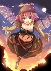Rule 34 | 1girl, :d, advent cirno, alternate costume, boots, breasts, cleavage, fang, female focus, flying, full moon, hat, large breasts, maturiuta sorato, midriff, moon, mystia lorelei, navel, open mouth, pink eyes, pink hair, short hair, smile, solo, touhou, wings