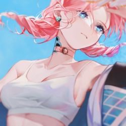 Rule 34 | 1girl, arknights, bare shoulders, blue background, blue eyes, blue poison (arknights), blue poison (shoal beat) (arknights), breasts, camisole, choker, cleavage, crop top, earrings, jewelry, long hair, medium breasts, midriff, official alternate costume, pink choker, pink hair, simple background, solo, spaghetti strap, sports bra, upper body, zhishihua