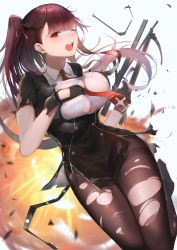Rule 34 | 1girl, absurdres, bipod, black pantyhose, black skirt, blazer, blush, braid, breasts, bullpup, collared shirt, damaged, explosion, framed breasts, french braid, girls&#039; frontline, gloves, grabbing own breast, gun, hair ribbon, half updo, high-waist skirt, highres, holding, holding gun, holding weapon, isaka wasabi, jacket, large breasts, long hair, looking at viewer, necktie, one eye closed, one side up, open mouth, pantyhose, pelvic curtain, purple hair, red eyes, red necktie, red ribbon, ribbon, rifle, running, shirt, sidelocks, skirt, sniper rifle, solo, striped clothes, striped shirt, tearing up, teeth, thighband pantyhose, torn clothes, torn gloves, torn jacket, torn pantyhose, torn shirt, upper teeth only, very long hair, wa2000 (girls&#039; frontline), walther, walther wa 2000, weapon, white shirt