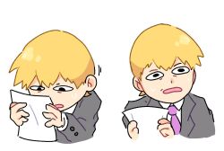Rule 34 | 1boy, black eyes, blonde hair, buttoned cuffs, buttons, collared shirt, commentary, cropped torso, english commentary, formal, grey jacket, holding, holding paper, jacket, koafreedraw, long sleeves, looking at viewer, male focus, mob psycho 100, necktie, open mouth, paper, purple necktie, reigen arataka, shirt, short hair, simple background, suit, upper body, white background