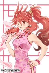 Rule 34 | 1girl, amou kanade, breasts, china dress, chinese clothes, closed mouth, commentary request, dress, link (aa30), long hair, looking at viewer, one eye closed, ponytail, red eyes, red hair, scrunchie, senki zesshou symphogear, smile, solo