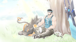 Rule 34 | 1boy, absurdres, against tree, bandaged leg, bandages, bara, bare arms, beard, black hair, blue headband, blue shirt, brucie (infighter821), commission, dungeon and fighter, facial hair, headband, highres, kulolin, large pectorals, male focus, male priest (dungeon and fighter), mature male, muscular, muscular male, original, pants, pectorals, shirt, shoes, short hair, sitting, sleeveless, sleeveless shirt, smile, sneakers, solo, suspenders, tail, tiger tail, tree, wolf