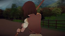 Rule 34 | 1girl, amber (rwby), angry, animated, animated gif, armor, battle, brown eyes, brown hair, dark skin, fall maiden, fire, lowres, magic, rwby, short hair, shoulder armor, staff