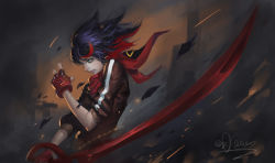 Rule 34 | 10s, 1girl, black hair, blood, blue eyes, clenched teeth, embers, eyelashes, fingerless gloves, from side, gloves, hand up, highres, holding, holding sword, holding weapon, injury, jacket, kill la kill, matoi ryuuko, multicolored hair, nose, open mouth, profile, purple hair, red gloves, red hair, riyueseven, scarf, scissor blade (kill la kill), senketsu, senketsu (scarf), shards, short hair, single glove, sleeves pushed up, solo, streaked hair, sword, teeth, track jacket, two-tone hair, upper body, weapon