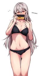 Rule 34 | 1girl, absurdres, bare shoulders, black bra, black panties, blush, bra, breasts, cellphone, character name, cleavage, collarbone, commentary request, covered mouth, feet out of frame, girls&#039; frontline, hair ornament, hairclip, hand in own hair, highres, holding, holding phone, iws 2000 (girls&#039; frontline), leg tattoo, long hair, looking at viewer, medium breasts, mosa331, navel, panties, phone, red eyes, selfie, silver hair, smartphone, solo, standing, tattoo, underwear, white background