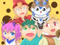 Rule 34 | burger, dino sparks, goggles, goggles on head, hat, highres, legendz, looking at viewer, meg sprinkle, mike mcfield, shiron (legendz), short hair, shuzo matsutani, twintails