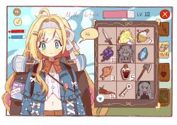 Rule 34 | 3girls, :3, absurdres, ahoge, aqua eyes, axe, backpack, bag, blonde hair, blush, bottle, bow, bowtie, carrot, character name, coin, colored inner hair, commentary, dagger, earrings, english commentary, english text, enna alouette, enna alouette (1st costume), ethyria, fish, food, fruit, gameplay mechanics, gem, gold coin, grapes, guozhe13, hair between eyes, hair ornament, hairband, hairclip, head wings, health bar, highres, jewelry, key, knife, long hair, looking at viewer, midriff, millie parfait, millie parfait (4th costume), multicolored hair, multiple girls, navel, nijisanji, nijisanji en, potion, reimu endou, reimu endou (1st costume), solo focus, speech bubble, stats, user interface, very long hair, virtual youtuber, water bottle, weapon, white hairband, wings