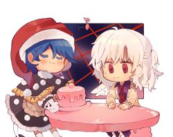 Rule 34 | 2girls, apron, beige jacket, black dress, blue hair, blush, cake, chibi, commentary, doremy sweet, dream soul, dress, eighth note, english commentary, closed eyes, feathered wings, feet out of frame, food, grey hair, hat, highres, kabocha1408, kishin sagume, long sleeves, multiple girls, musical note, nightcap, oven mitts, pom pom (clothes), purple dress, red eyes, red headwear, red neckwear, short hair, single wing, sitting, smile, socks, sweat, table, tail, tapir tail, touhou, white legwear, wings