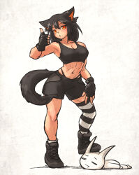Rule 34 | 1girl, abs, animal ears, black hair, fingerless gloves, foot on head, gloves, highres, ironlily, looking at viewer, muscular, muscular female, orange eyes, original, short hair, simple background, solo, tail, tank top, thighhighs, thumbs up, toned