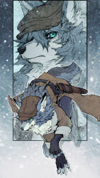 Rule 34 | 1boy, animal ears, brown coat, brown headwear, claws, coat, commentary request, fate/grand order, fate (series), fingerless gloves, furry, furry male, gloves, looking at viewer, looking to the side, male focus, multiple views, ogasawara tomy, patxi (fate), sheath, snow, tail, wolf boy, wolf ears, wolf tail