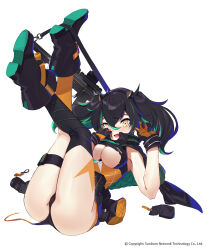 Rule 34 | 1girl, ass, asymmetrical legwear, black footwear, black gloves, black hair, black panties, black thighhighs, boots, breasts, buckle, capelet, company name, damaged, defeat, famae saf, full body, girls&#039; frontline, gloves, green capelet, green hair, gun, hair between eyes, half-closed eye, headgear, highres, kneehighs, legs, long hair, looking at viewer, medium breasts, moai, multicolored hair, official art, open mouth, orange socks, panties, purple capelet, ranyu, saf (girls&#039; frontline), scope, single kneehigh, single sock, single thighhigh, sitting, sleeveless, snap-fit buckle, socks, solo, streaked hair, submachine gun, thigh strap, thighhighs, torn clothes, twintails, two-tone, two-tone capelet, two-tone hair, underboob, underwear, uneven legwear, weapon, white background, yellow eyes
