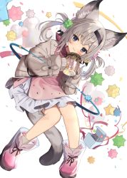 Rule 34 | 1girl, :3, animal ears, blue eyes, box, cardigan, cat ears, cat tail, dress, frilled dress, frills, full body, goma (u p), grey hair, hairband, holding, holding jar, jar, mouse (animal), open cardigan, open clothes, original, smile, tail