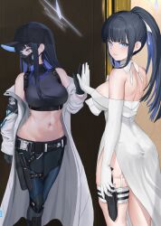 Rule 34 | 1girl, ass, asurada yui, baseball cap, black hair, blue archive, blue hair, breasts, coat, colored inner hair, different reflection, dress, elbow gloves, full-length mirror, gloves, halo, hat, highres, holster, knife sheath, large breasts, looking at viewer, looking back, mirror, multicolored hair, navel, reflection, saori (blue archive), saori (dress) (blue archive), sheath, stomach, thigh holster, two-tone hair, white coat, white dress, white gloves