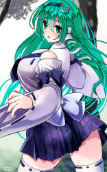 Rule 34 | 1girl, blush, bow, breasts, collared shirt, commentary request, cowboy shot, detached sleeves, frog hair ornament, green eyes, green hair, green hairband, hair between eyes, hair ornament, hair tubes, hairband, highres, kochiya sanae, large breasts, long hair, looking at viewer, looking back, necktie, nontraditional miko, open mouth, purple bow, purple necktie, purple skirt, ribbon-trimmed sleeves, ribbon-trimmed thighhighs, ribbon trim, shirt, single sidelock, skirt, sleeve bow, sleeveless, sleeveless shirt, snake hair ornament, solo, thighhighs, touhou, white shirt, white sleeves, white thighhighs, yamaguchi yuu