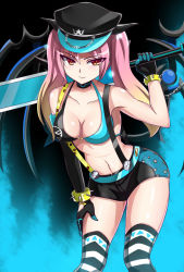Rule 34 | 1girl, armpits, bare shoulders, bent over, bracelet, breasts, chain, cleavage, collarbone, crimson avenger (elsword), elesis (elsword), elsword, gradient hair, hat, highres, holding, holding weapon, jewelry, leaning forward, long hair, looking at viewer, medium breasts, midriff, multicolored hair, navel, pink hair, red eyes, smile, solo, spiked bracelet, spikes, standing, sword, symbol, twintails, weapon, zetsuei (zetto)