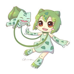 Rule 34 | 1girl, blush stickers, brown eyes, bulbasaur, chiuanzhang, choker, creature and personification, creatures (company), fangs, full body, game freak, gen 1 pokemon, gloves, green footwear, green gloves, green hair, green socks, holding, holding pokemon, nintendo, open mouth, personification, plant, pokemon, pokemon (creature), signature, simple background, socks, teeth, upper teeth only, vines, white background