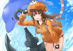 Rule 34 | 1girl, anchor, backpack, bag, black gloves, black shorts, blush, brown eyes, brown hair, day, dolphin, drawstring, enporion, fingerless gloves, gloves, guilty gear, guilty gear strive, hat, heart, highres, hood, hoodie, leaning forward, long hair, long sleeves, looking at viewer, may (guilty gear), open mouth, orange hat, orange hoodie, pirate, pirate hat, short shorts, shorts, skull and crossbones, sky, smile, solo, water