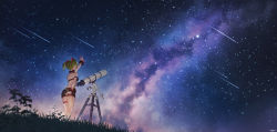 Rule 34 | absurdres, arm strap, arm up, bow, delutaya, earrings, galaxy, gold earrings, green hair, highres, indie virtual youtuber, jewelry, jun wei, midriff, miniskirt, night, night sky, outdoors, outstretched arm, scenery, shooting star, short hair, skirt, sky, star (sky), telescope, thigh strap, triangle earrings, triangle hair ornament, twintails, utaite, virtual youtuber, wristband