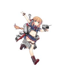 Rule 34 | 1girl, arm up, belt, blue shirt, blue skirt, boots, bow, bowtie, braid, brown eyes, brown footwear, brown gloves, cannon, closed mouth, fingerless gloves, floating hair, full body, gloves, green eyes, half gloves, heermann (warship girls r), leg up, legband, light smile, long braid, looking at viewer, machinery, mast, midriff, miniskirt, navel, official art, outstretched arm, pleated skirt, red bow, red bowtie, running, see-through, shenbei xiaoqiu, shirt, short sleeves, signal flag, single braid, skirt, smokestack, thighs, torpedo, transparent background, v, warship girls r