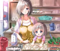 Rule 34 | 2girls, absurdres, alternate costume, apron, baking, baking sheet, blue eyes, bowl, breasts, hair ornament, hair over one eye, hairclip, hamakaze (kancolle), highres, indoors, kantai collection, kentan (kingtaiki), kitchen, large breasts, mother and daughter, multiple girls, rolling pin, short hair, silver hair, yellow apron