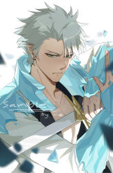 Rule 34 | 1boy, absurdres, aged up, bankai, bleach, bleach: sennen kessen-hen, bracer, closed mouth, collarbone, daiguren hyourinmaru (bankai), green eyes, hair between eyes, highres, hitsugaya toushirou, holding, holding sword, holding weapon, ice, looking at viewer, male focus, solo, sword, upper body, wandenreich uniform, weapon, white hair, yiqing (yohare), zanpakutou