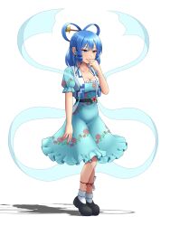 Rule 34 | 1girl, belt, blue dress, blue eyes, blue hair, breasts, cleavage, commentary request, covering own mouth, dress, drill hair, drill sidelocks, floral print, full body, hagoromo, hair ornament, hair rings, hair stick, hand over own mouth, hand up, highres, kaku seiga, medium breasts, puffy short sleeves, puffy sleeves, rose print, shadow, shawl, short sleeves, sidelocks, simple background, solo, standing, tatsu toyoyo, touhou, vest, white background, white vest