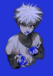 Rule 34 | 1boy, blood, blood on face, blood on hands, blue background, blue blood, child, commentary request, dlfjs4763003, greyscale with colored background, hunter x hunter, killua zoldyck, korean commentary, layered sleeves, long sleeves, looking at viewer, male focus, shirt, short hair, short over long sleeves, short sleeves, simple background, solo, stylized blood, upper body, white hair, white shirt