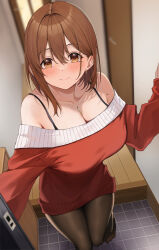 Rule 34 | 1girl, absurdres, bare shoulders, black pantyhose, blurry, blurry background, blush, breasts, brown eyes, brown hair, christmas, cleavage, closed mouth, commentary request, depth of field, doorway, earrings, hair between eyes, highres, jewelry, large breasts, long sleeves, looking at viewer, mole, mole on armpit, mole under eye, necklace, off-shoulder sweater, off shoulder, ol-chan (udon), open door, original, pantyhose, red sweater, short hair, smile, solo, standing, sweater, tareme, tile floor, tiles, udon (udonalium), wooden floor